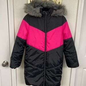 Black and Pink Hooded Puffer Jacket